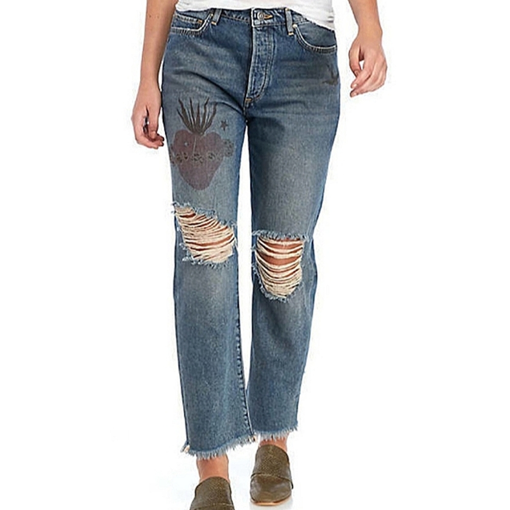 Free People Jeans Size 27 Denim Tattooed Heart Ripped Hi Rise Raw Hem Boyfriend